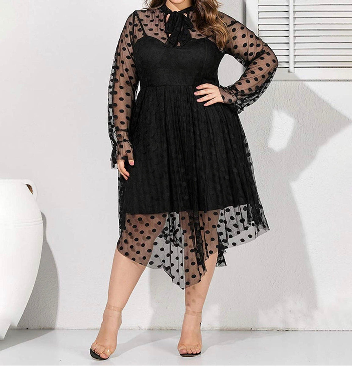 Sheer Polka Dot High-Lo Dress (Plus Size)