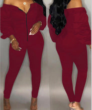 Load image into Gallery viewer, burgundy long dleeve bardot off the shoulder jumpsuit 