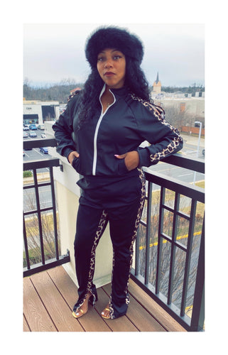 Leopard Lined Cold-Shoulder Tracksuit