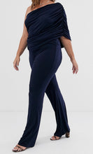 Load image into Gallery viewer, Off-the-Shoulder Navy Jumpsuit (Plus Size)