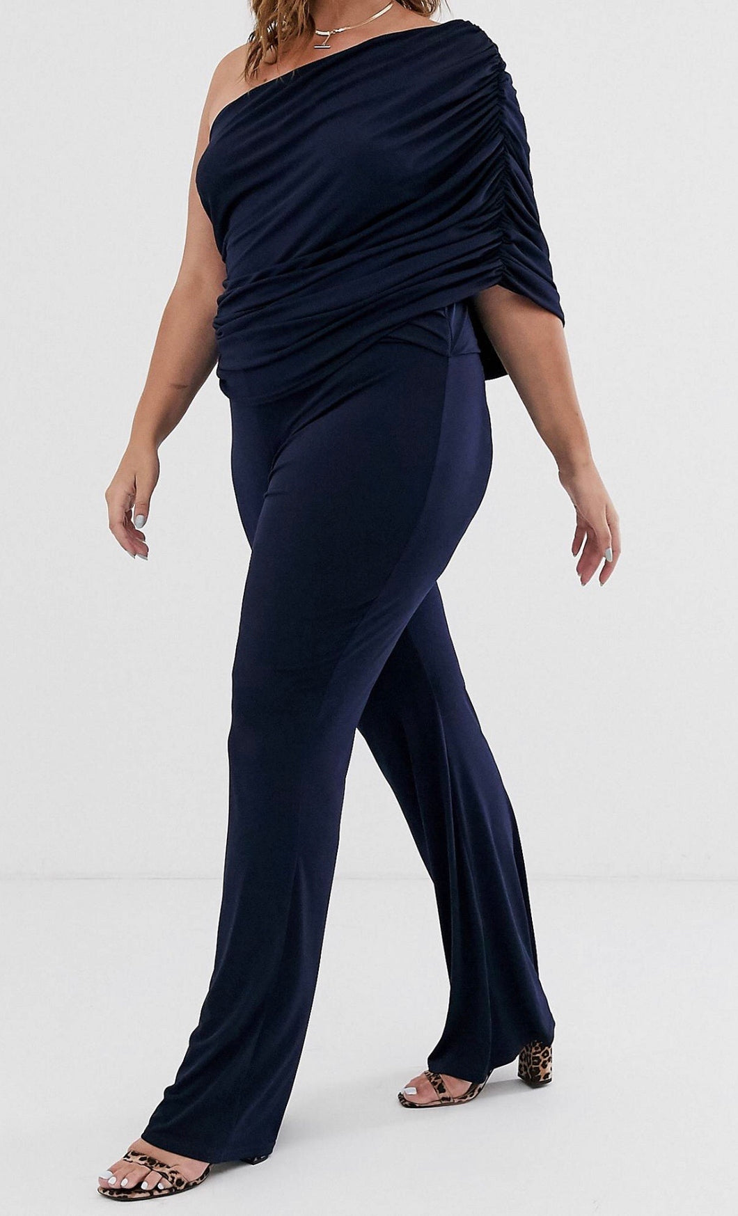 Off-the-Shoulder Navy Jumpsuit (Plus Size)