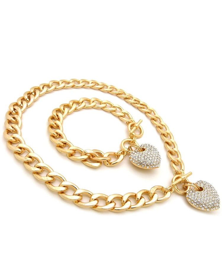 3D Heart Cuban Necklace & Bracelet Set