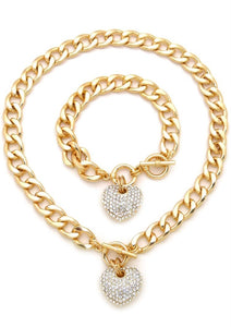 3D Heart Cuban Necklace & Bracelet Set